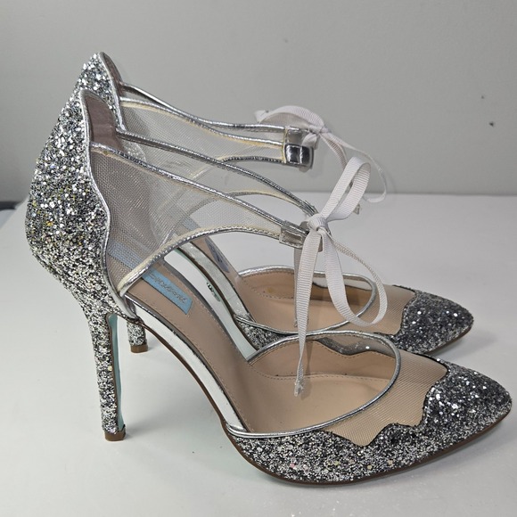 Betsey Johnson Sparkle Glitter Mesh Stiletto Heels Silver Women Size 9.5 - Picture 8 of 10